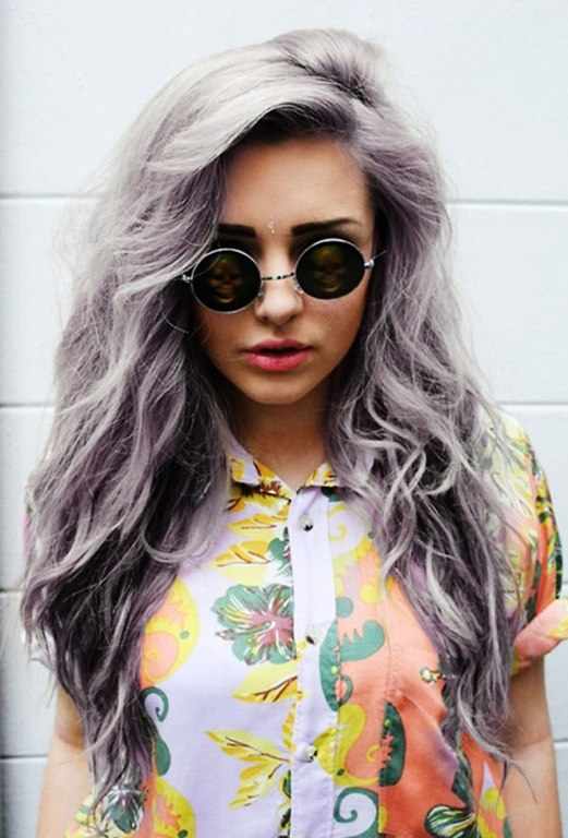 Балаяж на сером цвете волос с фиолетовым 